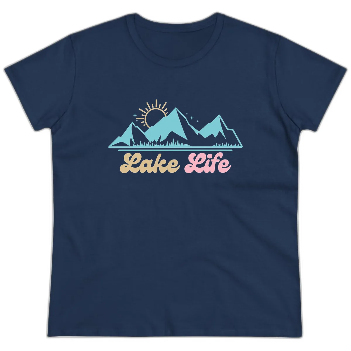 Lake Life Mountain Sunset Design Ladies Tee in Navy