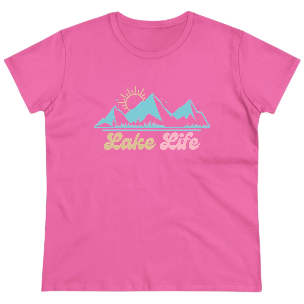 Lake Life Mountain Sunset Design Ladies Tee in Azalea