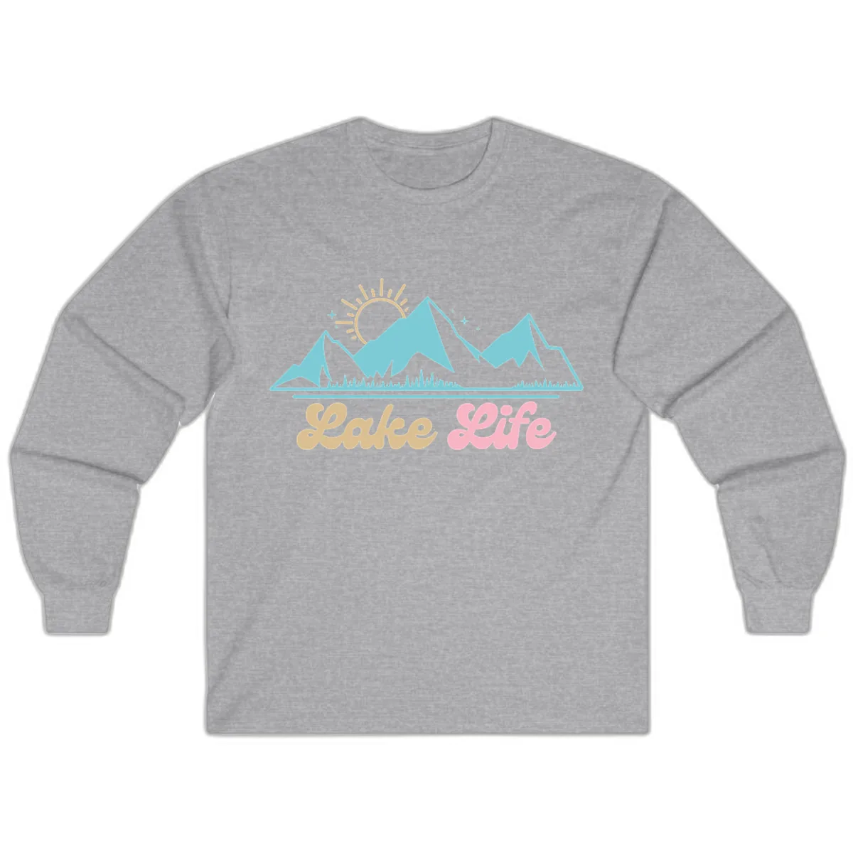 Lake Life Mountain Sunset Design Long Sleeve in Sport Grey
