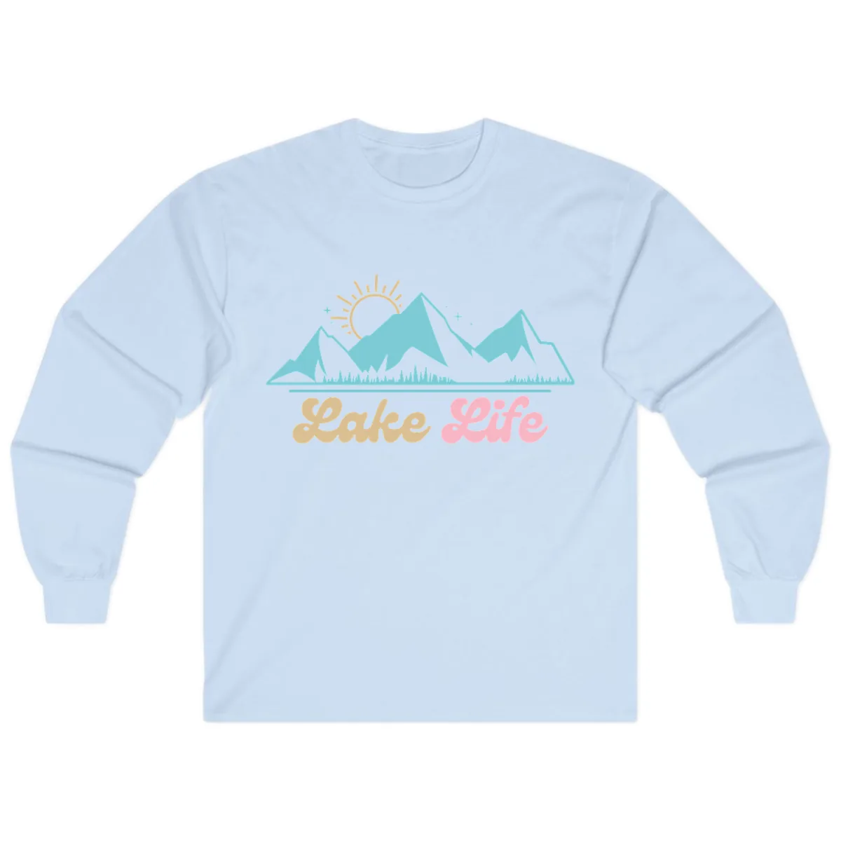 Lake Life Mountain Sunset Design Long Sleeve in Light Blue
