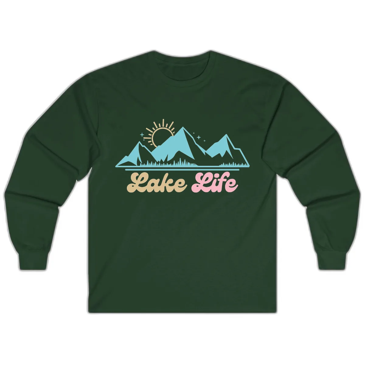Lake Life Mountain Sunset Design Long Sleeve in Forest Green