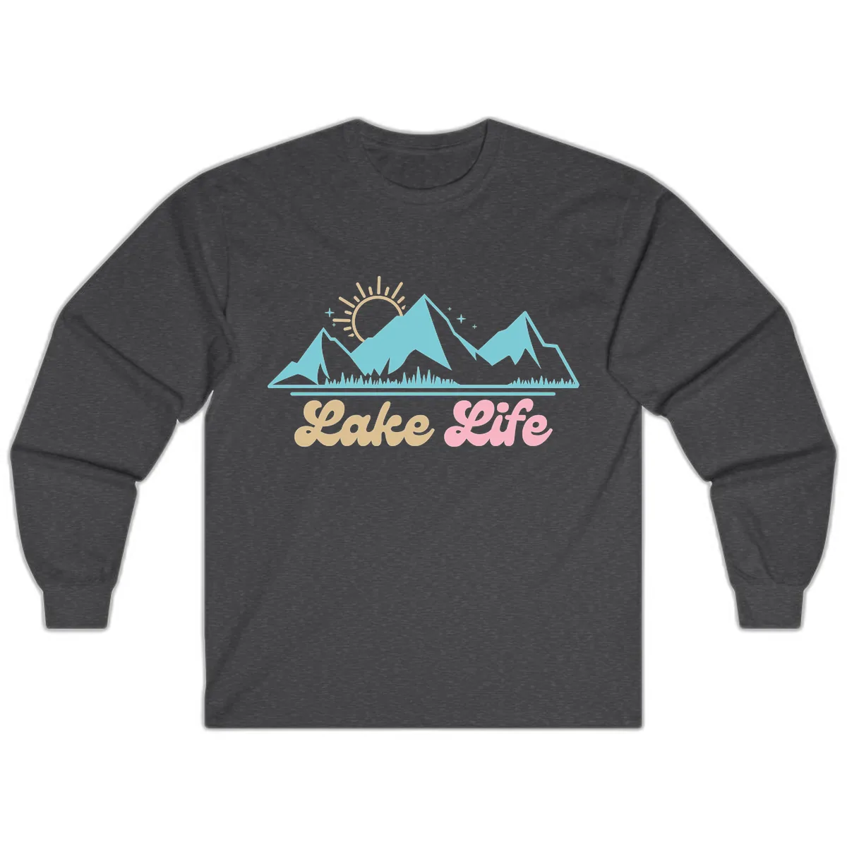 Lake Life Mountain Sunset Design Long Sleeve in Dark Heather