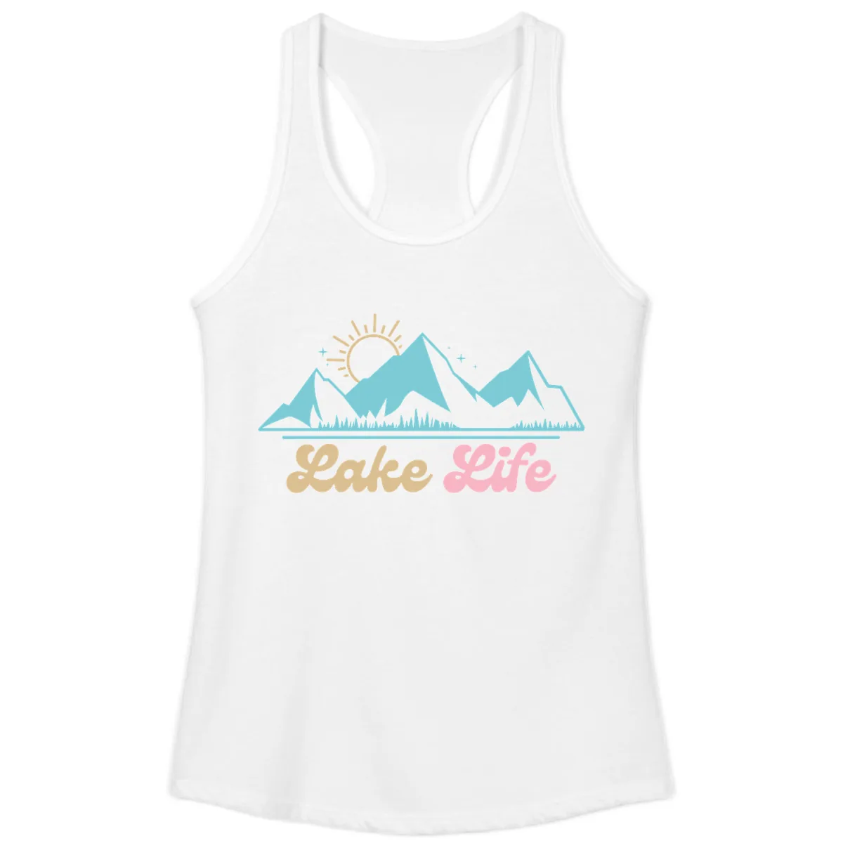 Lake Life Mountain Sunset Design Ladies Tank in White