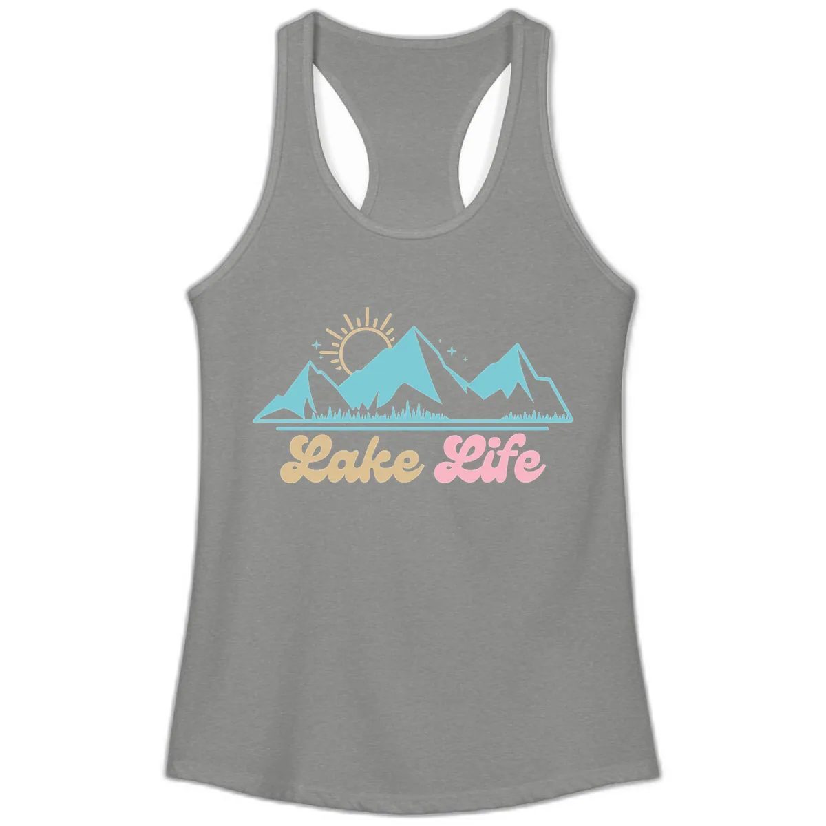 Lake Life Mountain Sunset Design Ladies Tank in Heather Grey