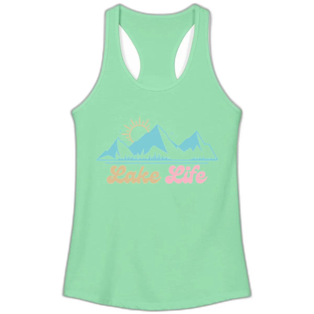 Lake Life Mountain Sunset Design Ladies Tank in Solid Mint