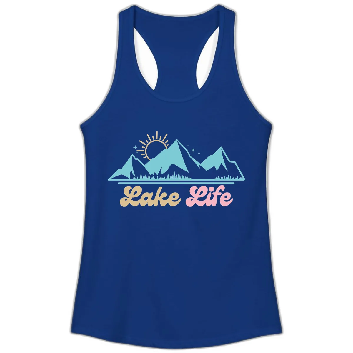 Lake Life Mountain Sunset Design Ladies Tank in Solid Royal