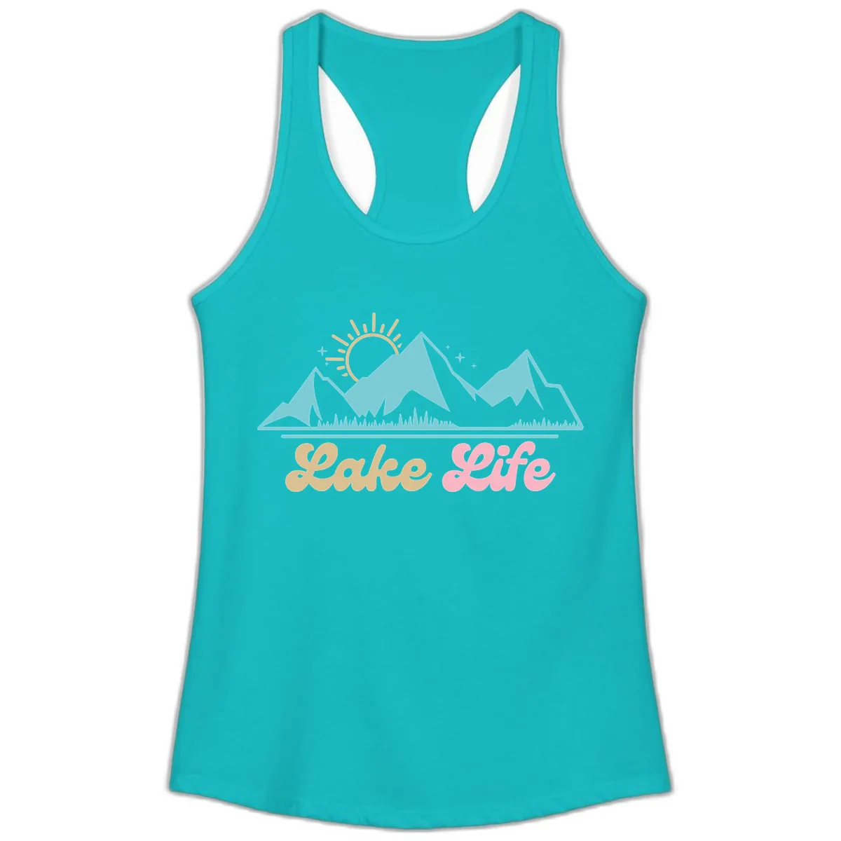 Lake Life Mountain Sunset Design Ladies Tank in Tahiti Blue