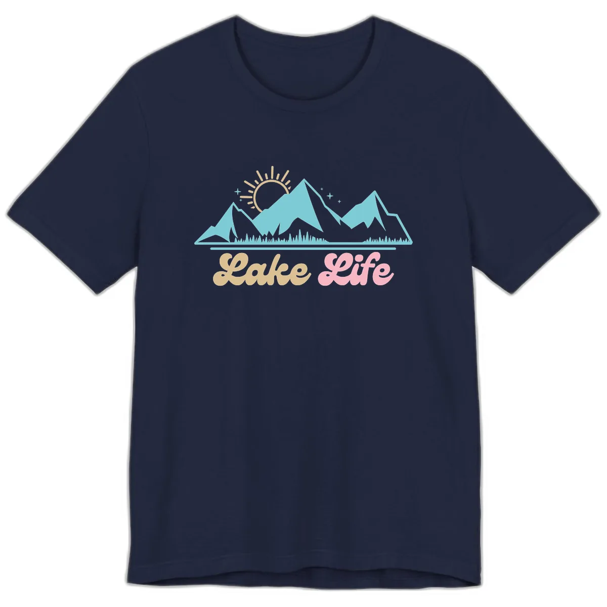 Lake Life Mountain Sunset Design Premium T-Shirt in Navy