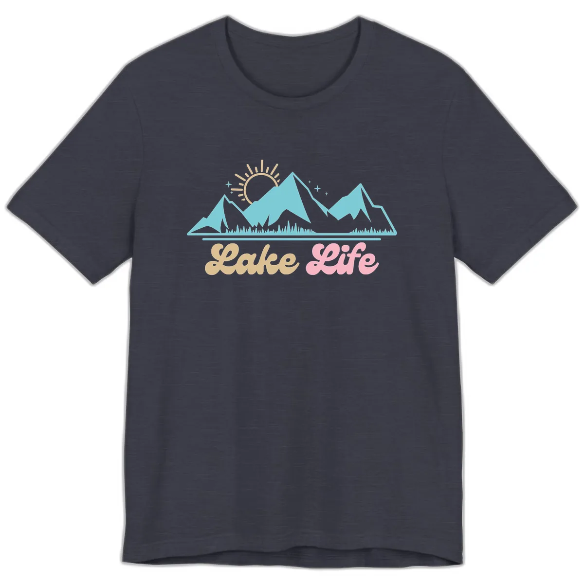 Lake Life Mountain Sunset Design Premium T-Shirt in Heather Midnight Navy