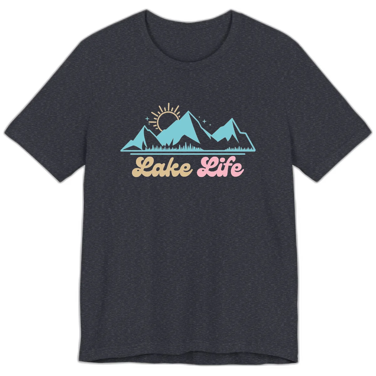 Lake Life Mountain Sunset Design Premium T-Shirt in Heather Navy