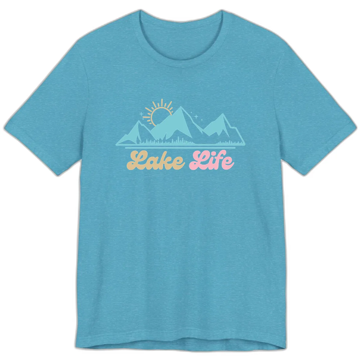 Lake Life Mountain Sunset Design Premium T-Shirt in Heather Aqua