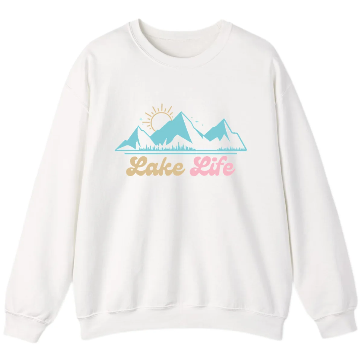 Lake Life Mountain Sunset Design Sweatshirt in White