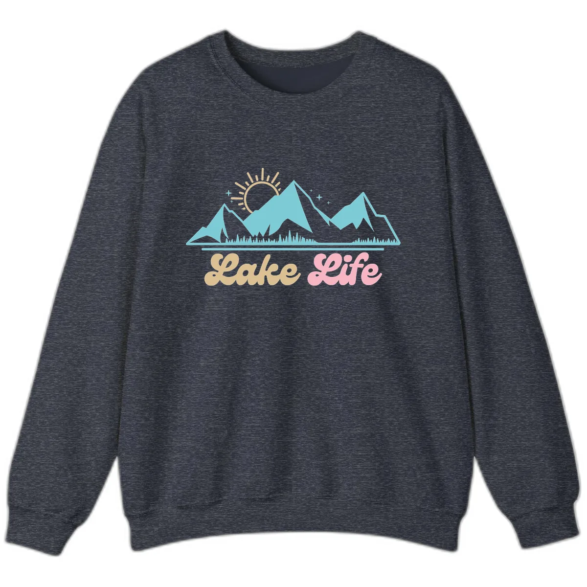Lake Life Mountain Sunset Design Sweatshirt in Heather Sport Dark Navy