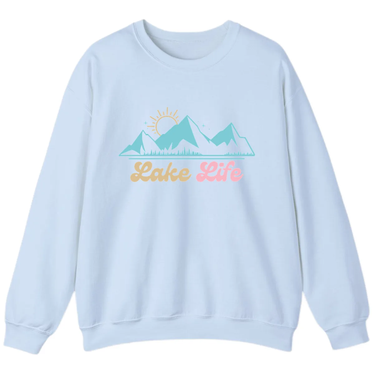 Lake Life Mountain Sunset Design Sweatshirt in Light Blue