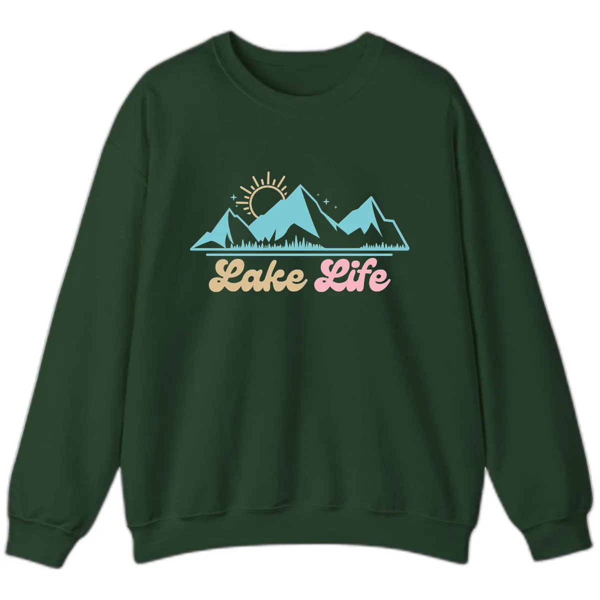 Lake Life Mountain Sunset Design Sweatshirt in Forest Green