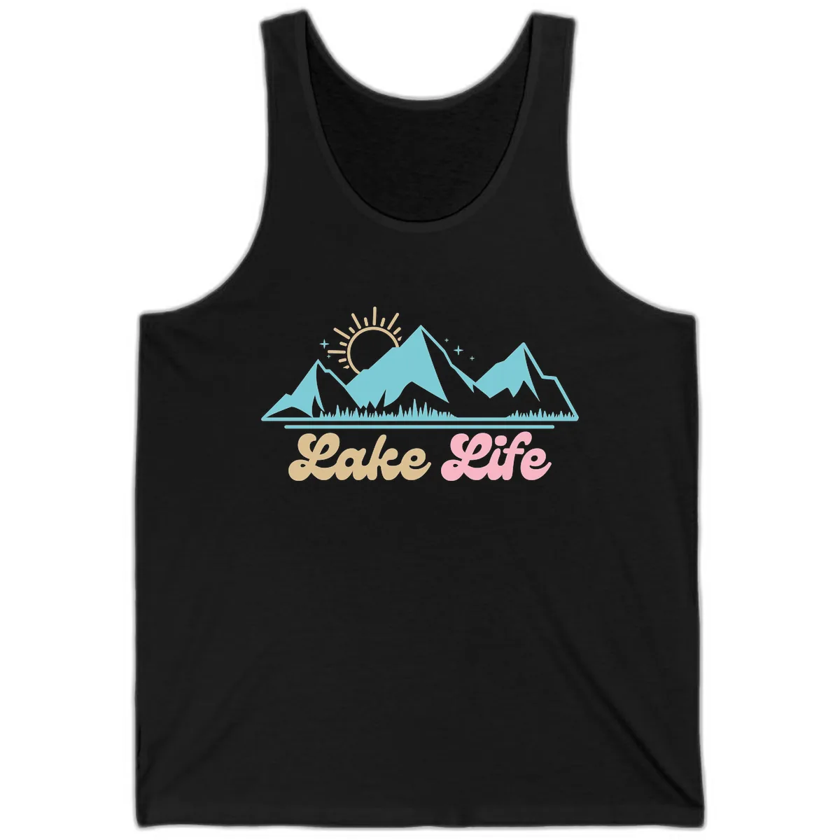 Lake Life Mountain Sunset Design Tank in Black