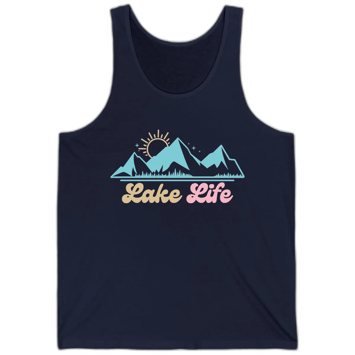 Lake Life Mountain Sunset Design Tank in Navy