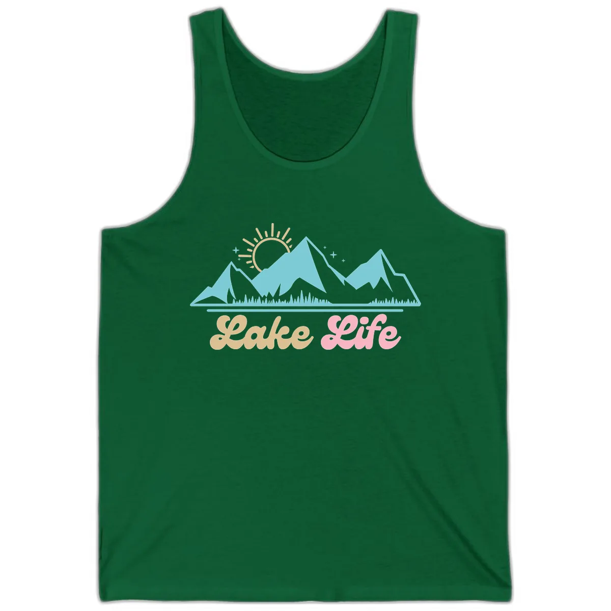 Lake Life Mountain Sunset Design Tank in Kelly