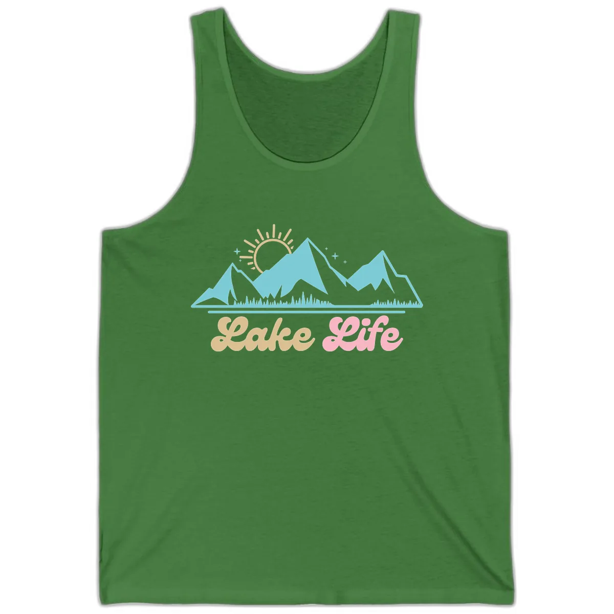 Lake Life Mountain Sunset Design Tank in Leaf