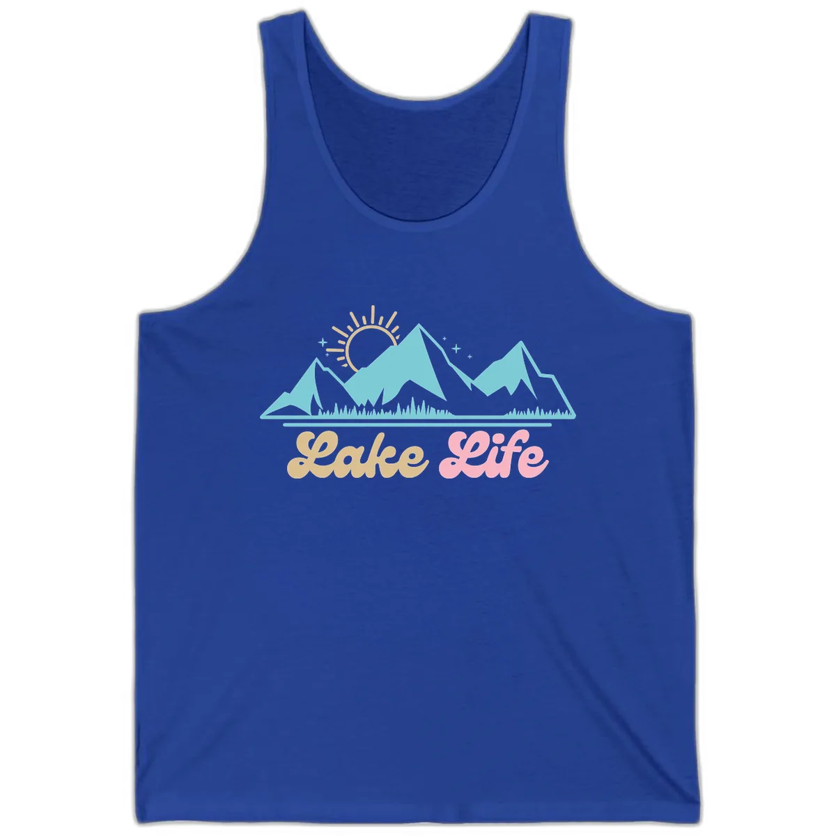 Lake Life Mountain Sunset Design Tank in True Royal