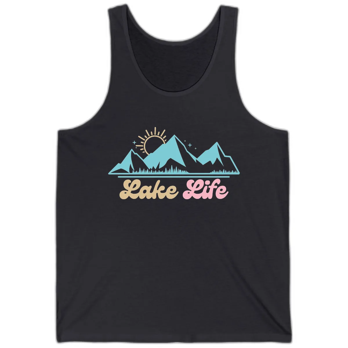 Lake Life Mountain Sunset Design Tank in Dark Grey