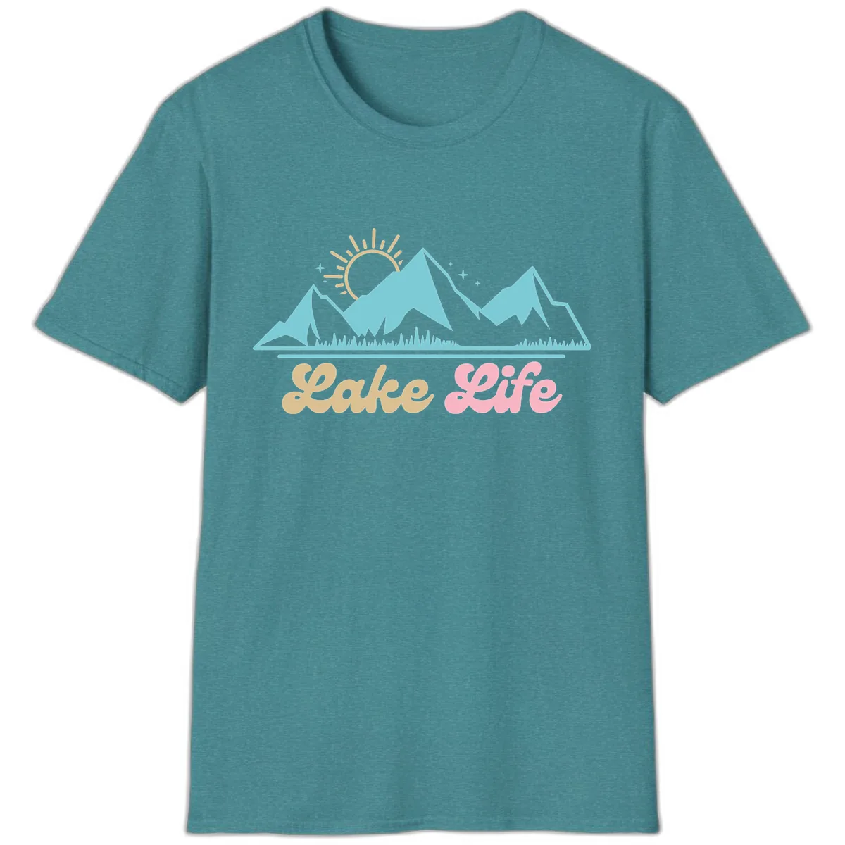 Lake Life Mountain Sunset Design T-Shirt in Heather Galapagos Blue