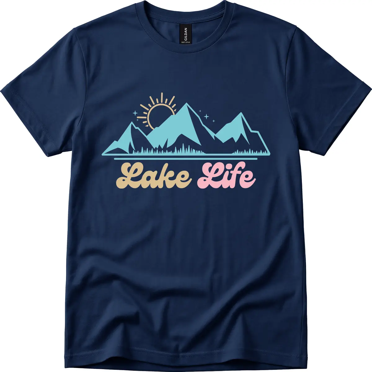 Lake Life Mountain Sunset Design T-Shirt in Navy