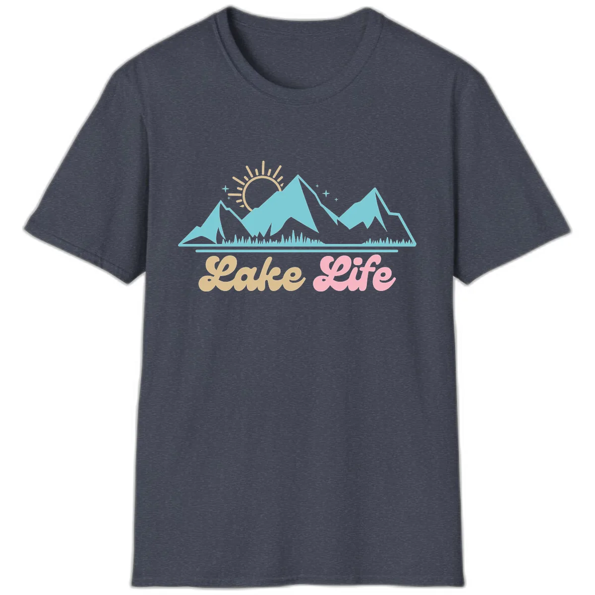 Lake Life Mountain Sunset Design T-Shirt in Heather Navy