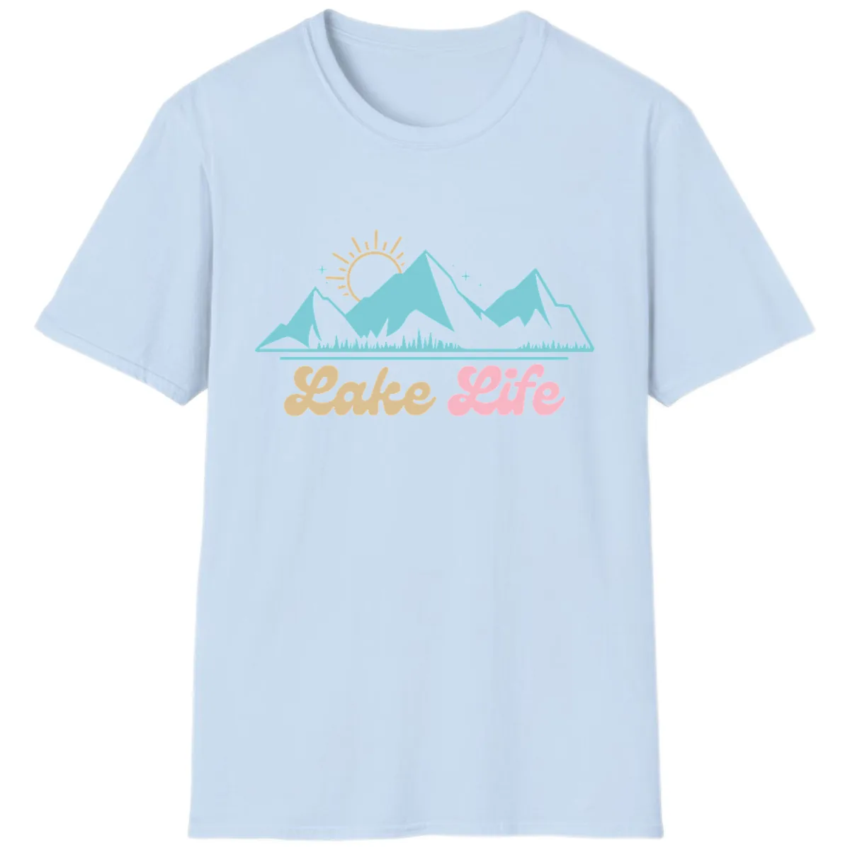 Lake Life Mountain Sunset Design T-Shirt in Light Blue