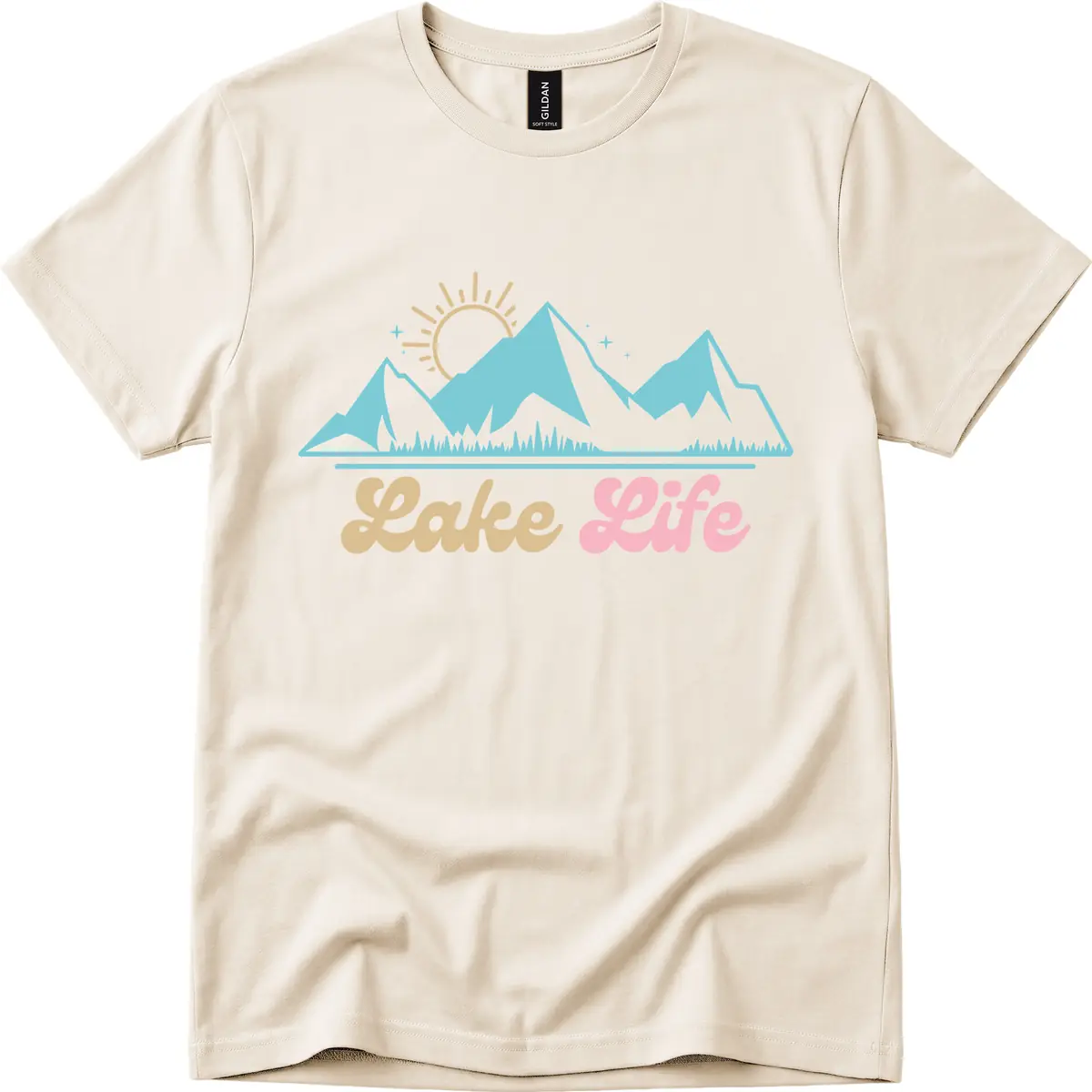 Lake Life Mountain Sunset Design T-Shirt in Natural
