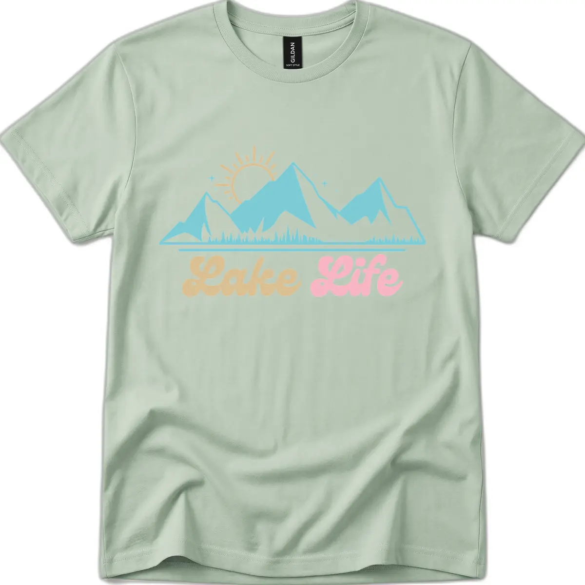 Lake Life Mountain Sunset Design T-Shirt in Sage