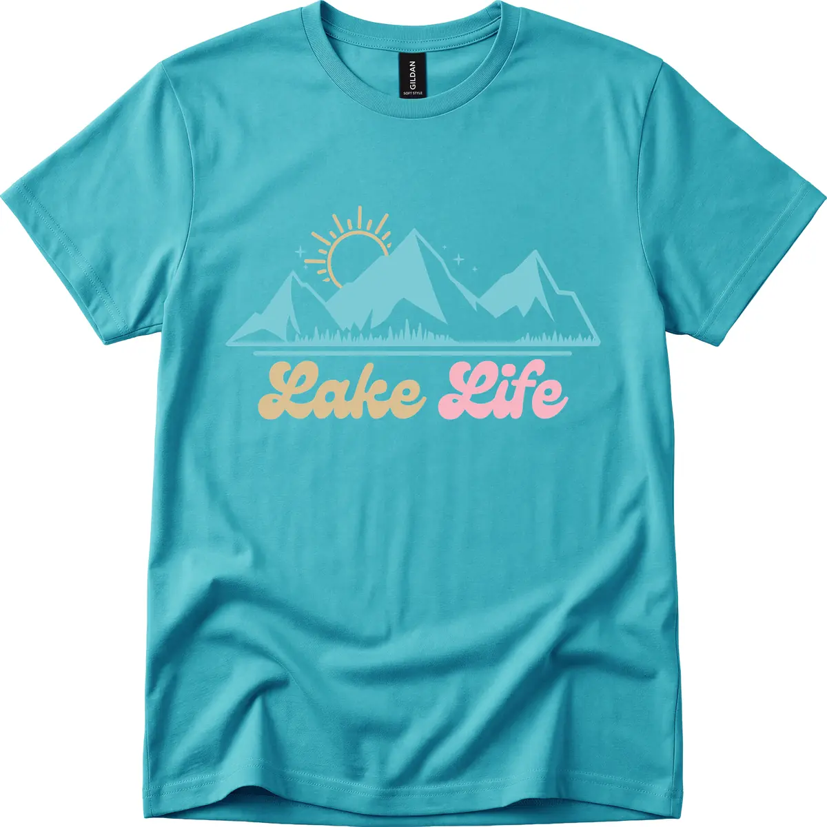 Lake Life Mountain Sunset Design T-Shirt in Tropical Blue