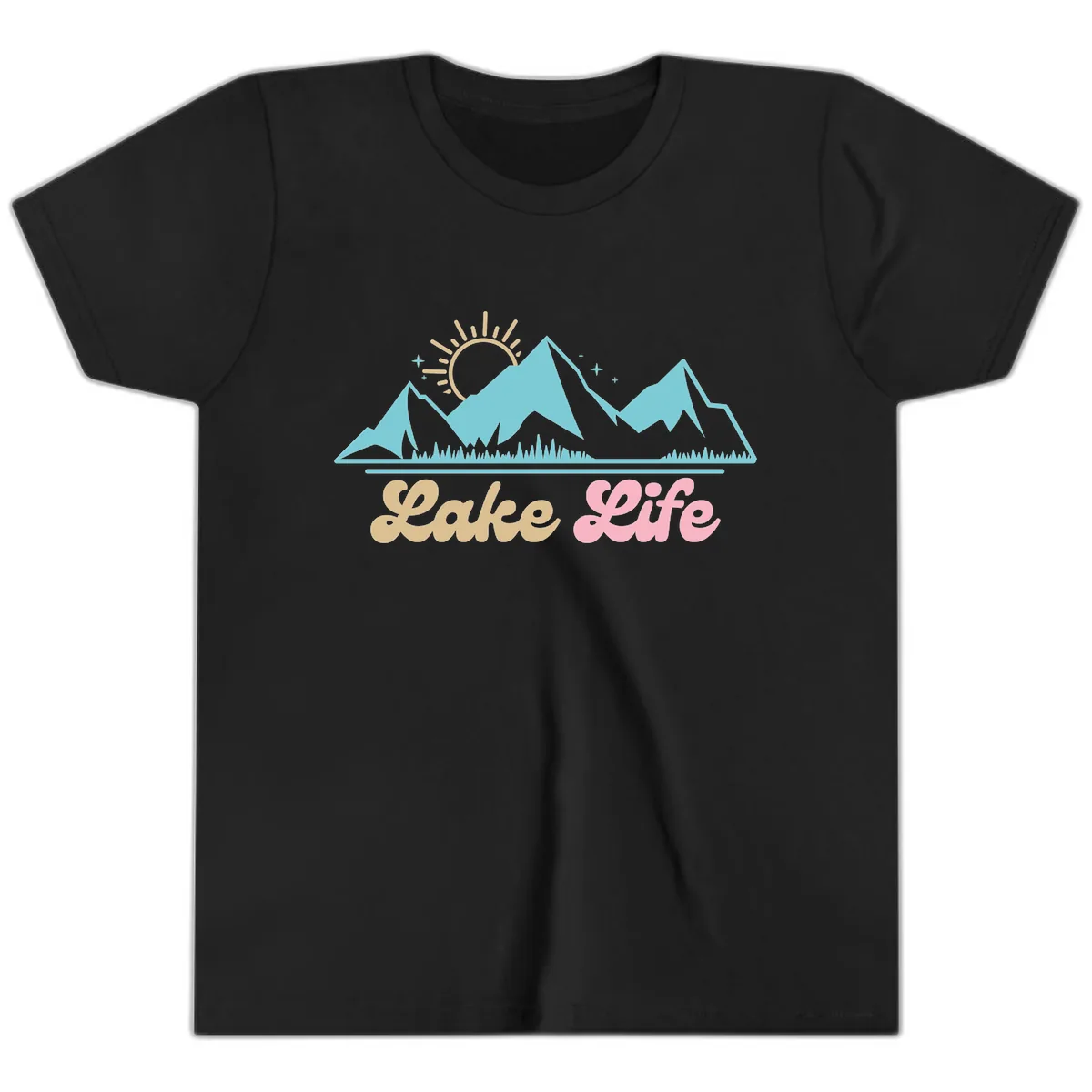 Lake Life Mountain Sunset Design Youth T-Shirt in Black