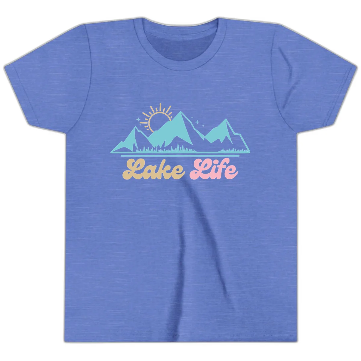 Lake Life Mountain Sunset Design Youth T-Shirt in Heather Columbia Blue