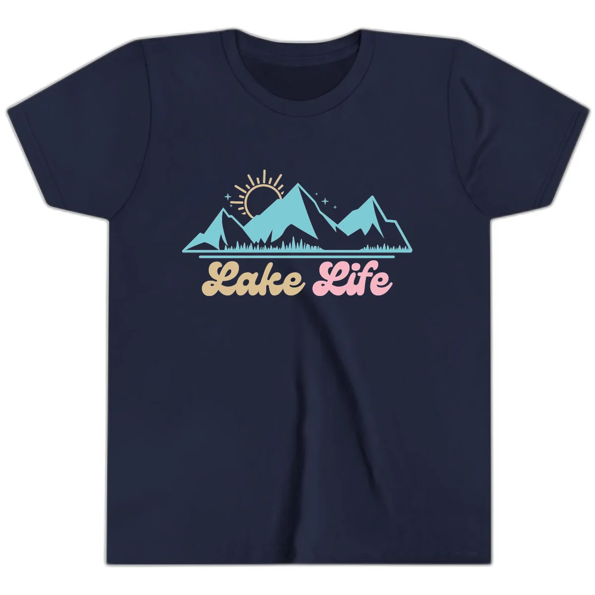Lake Life Mountain Sunset Design Youth T-Shirt in Navy