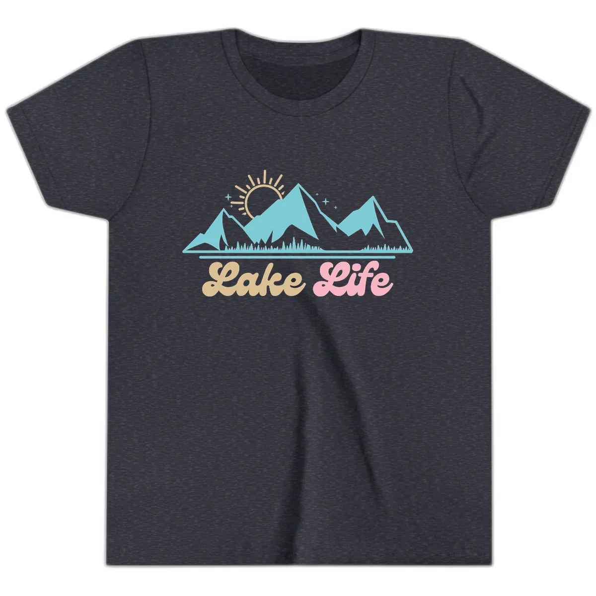 Lake Life Mountain Sunset Design Youth T-Shirt in Heather Navy