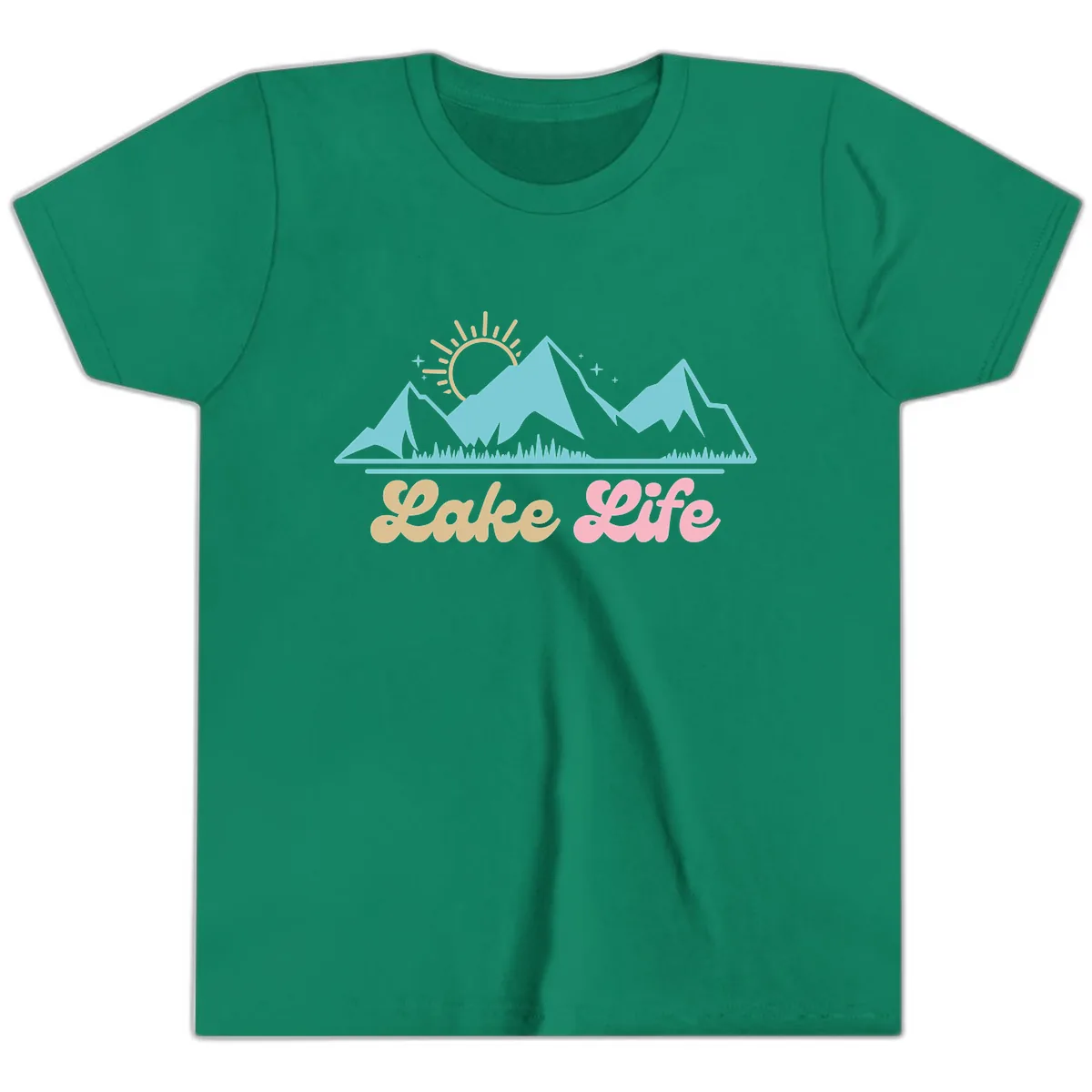 Lake Life Mountain Sunset Design Youth T-Shirt in Kelly