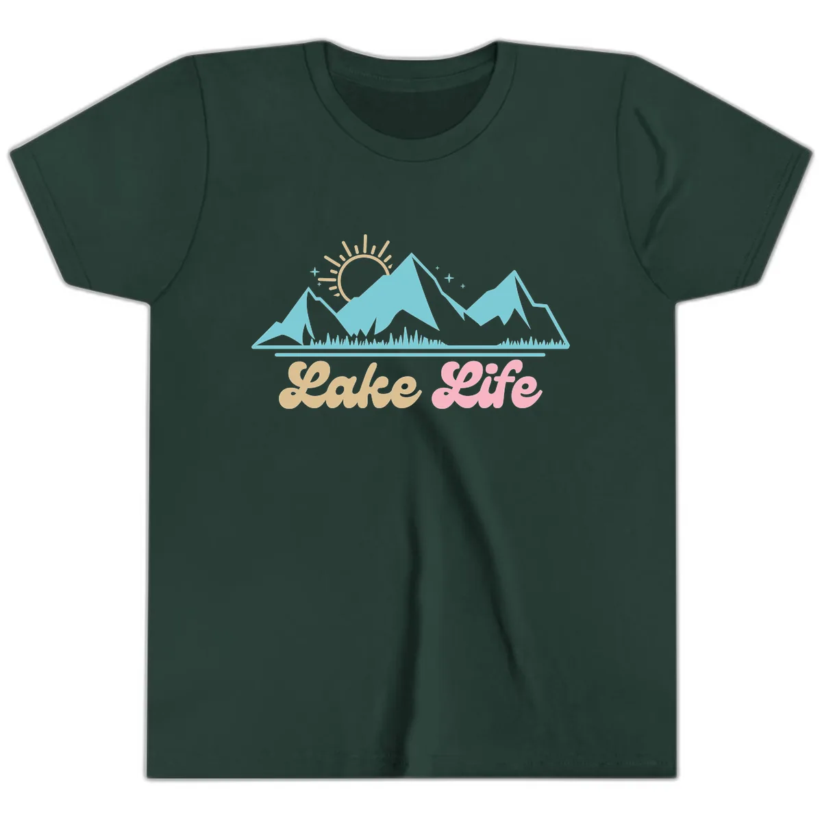 Lake Life Mountain Sunset Design Youth T-Shirt in Forest