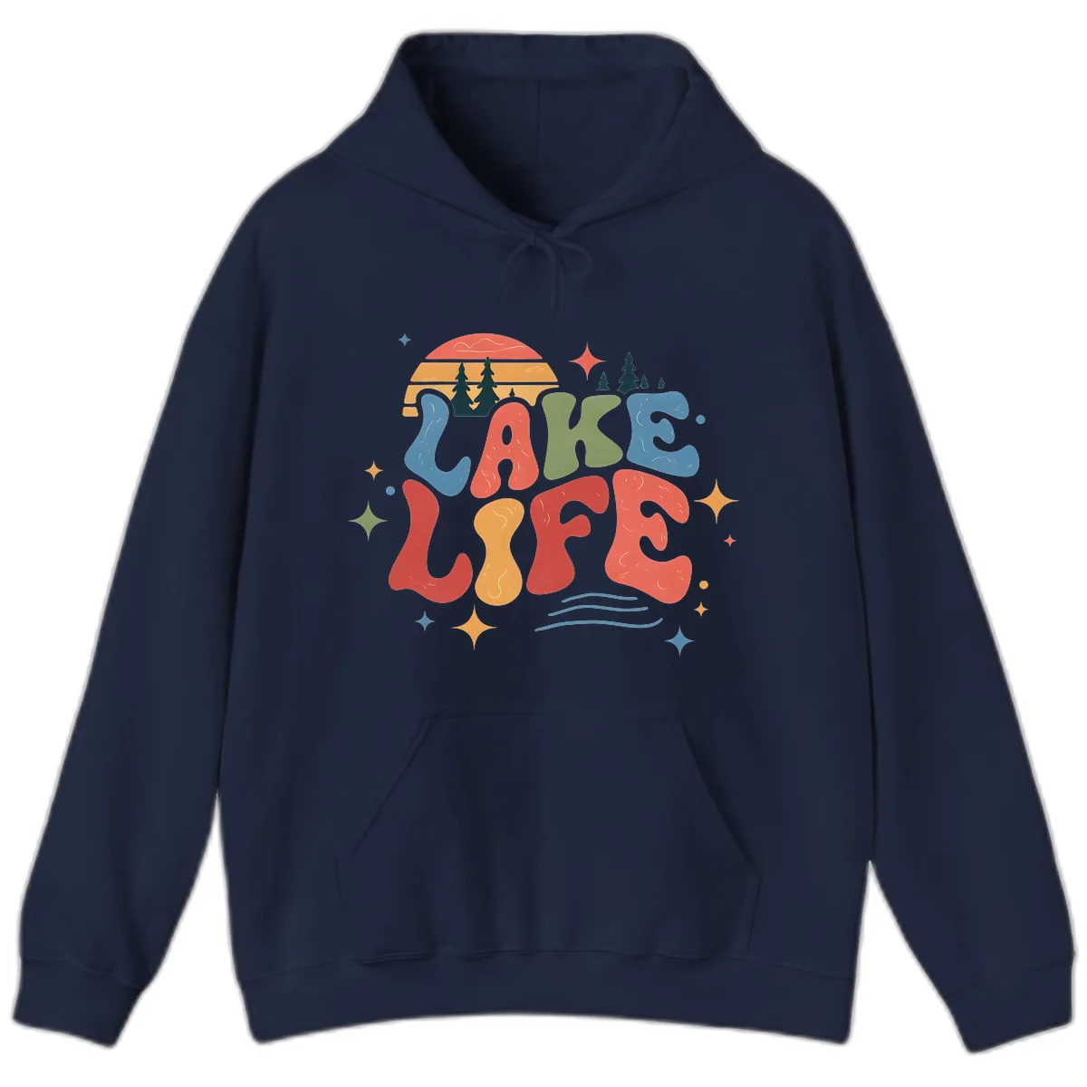 Retro Lake Life Typography Design Hoodie in Navy