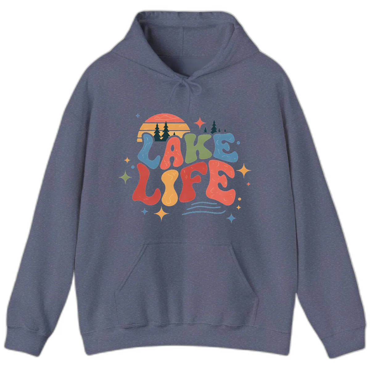 Retro Lake Life Typography Design Hoodie in Heather Navy