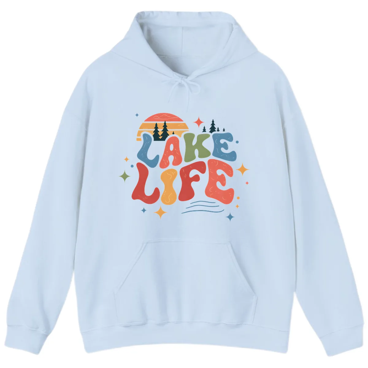 Retro Lake Life Typography Design Hoodie in Light Blue