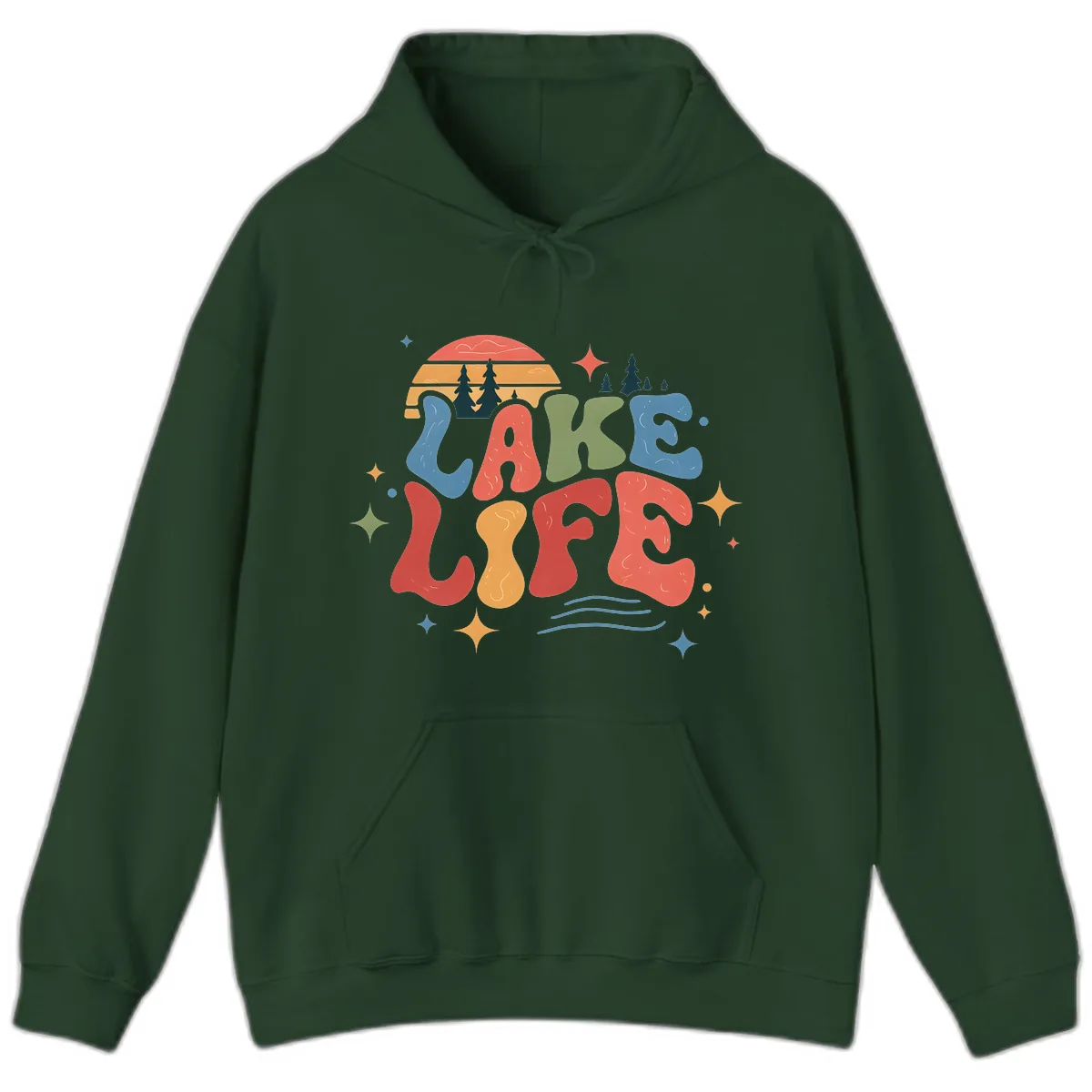 Retro Lake Life Typography Design Hoodie in Forest Green