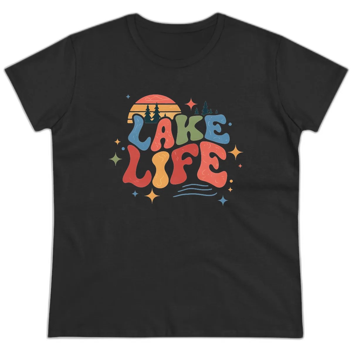 Retro Lake Life Typography Design Ladies Tee in Black