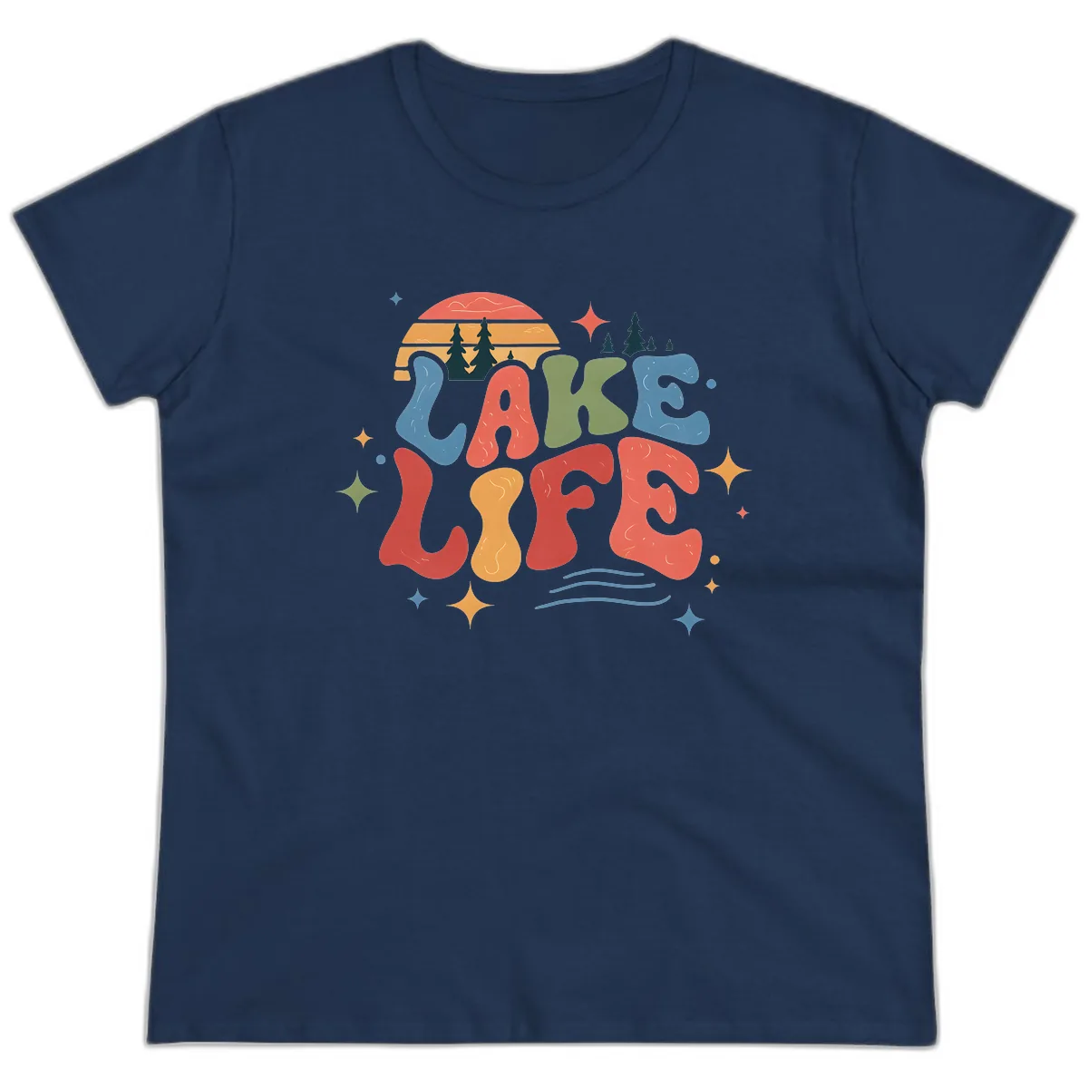 Retro Lake Life Typography Design Ladies Tee in Navy