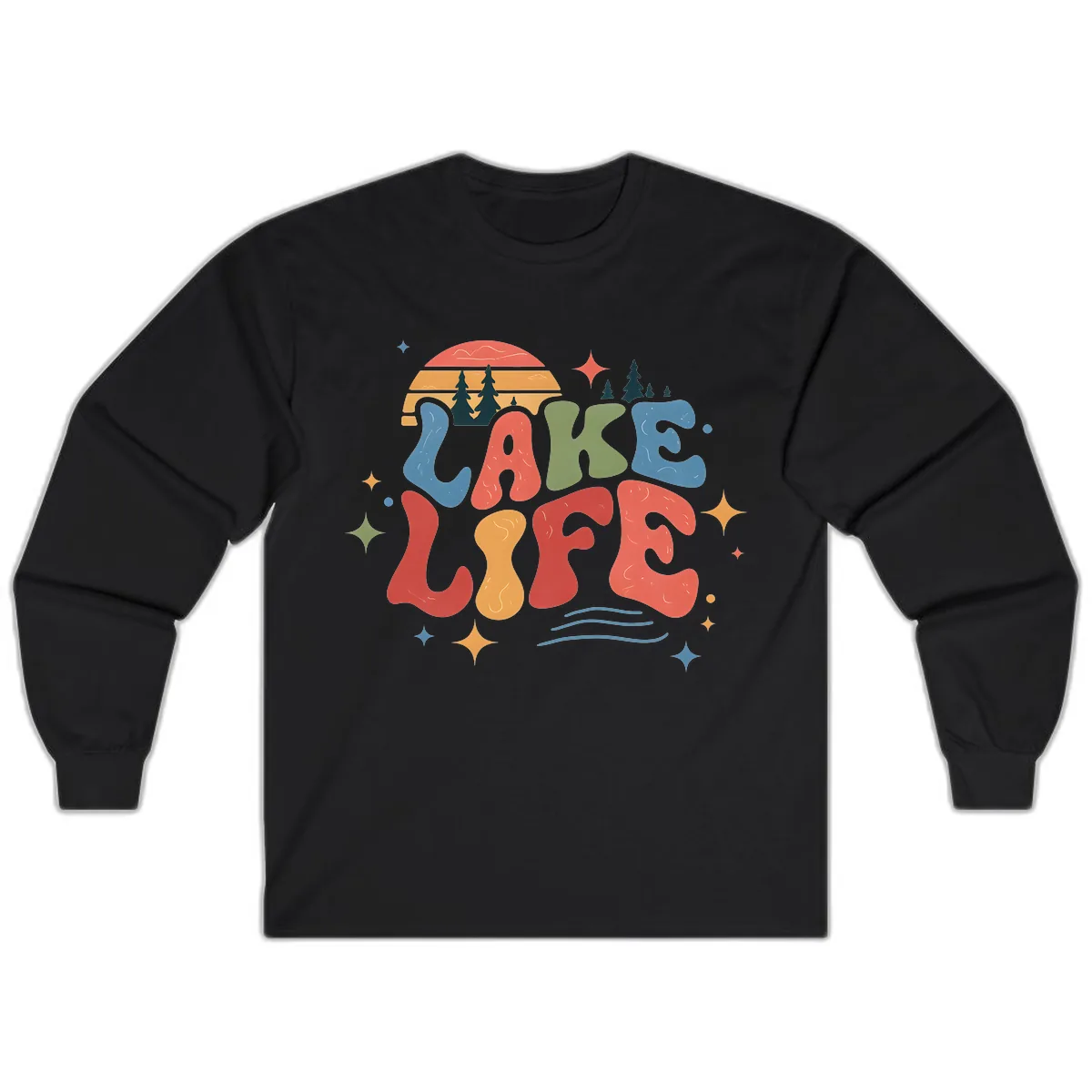 Retro Lake Life Typography Design Long Sleeve in Black