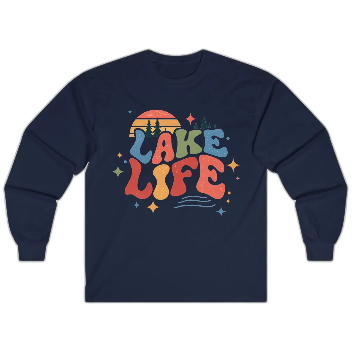 Retro Lake Life Typography Design Long Sleeve in Navy