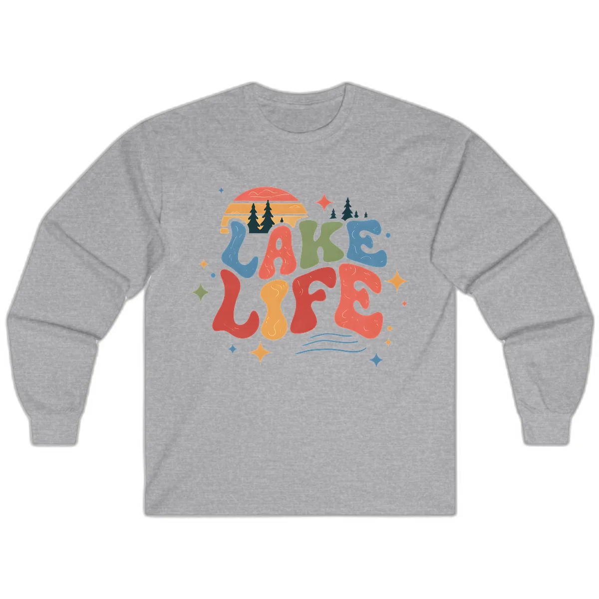 Retro Lake Life Typography Design Long Sleeve in Sport Grey