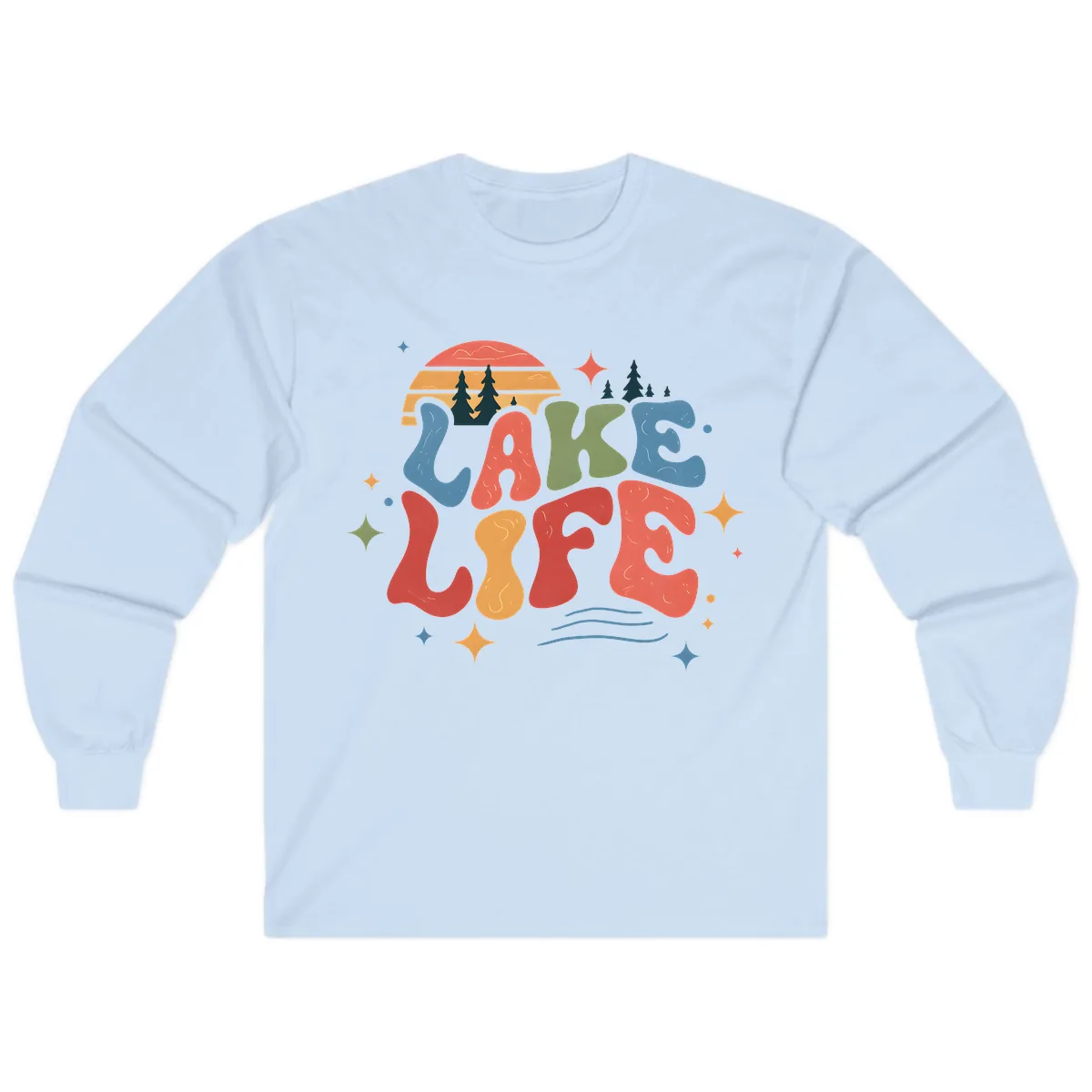 Retro Lake Life Typography Design Long Sleeve in Light Blue
