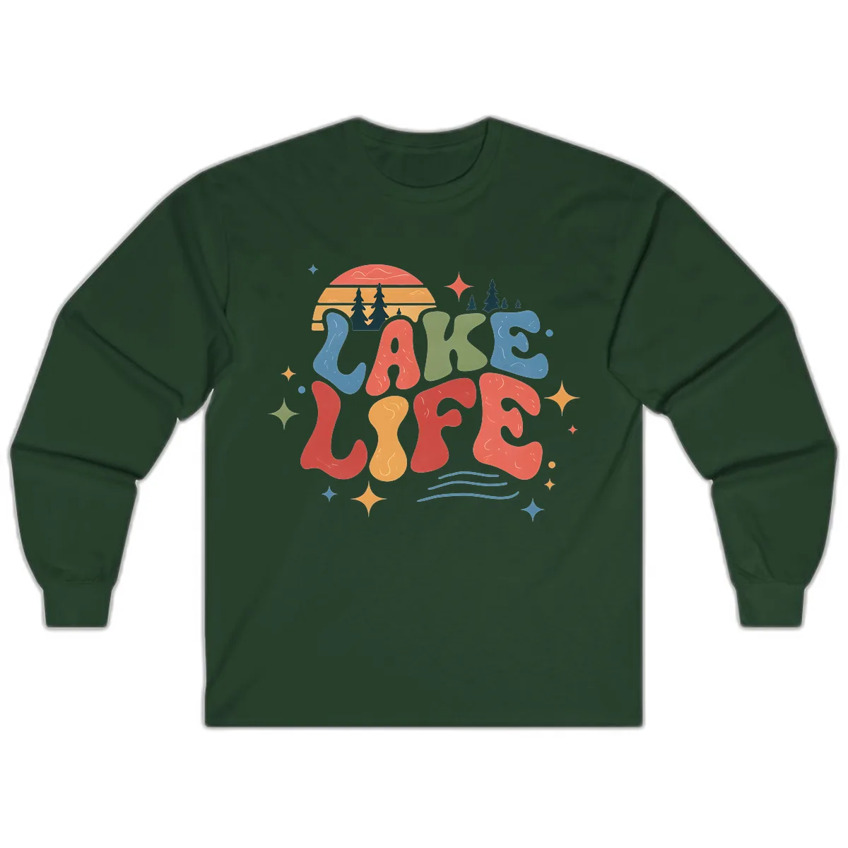 Retro Lake Life Typography Design Long Sleeve in Forest Green