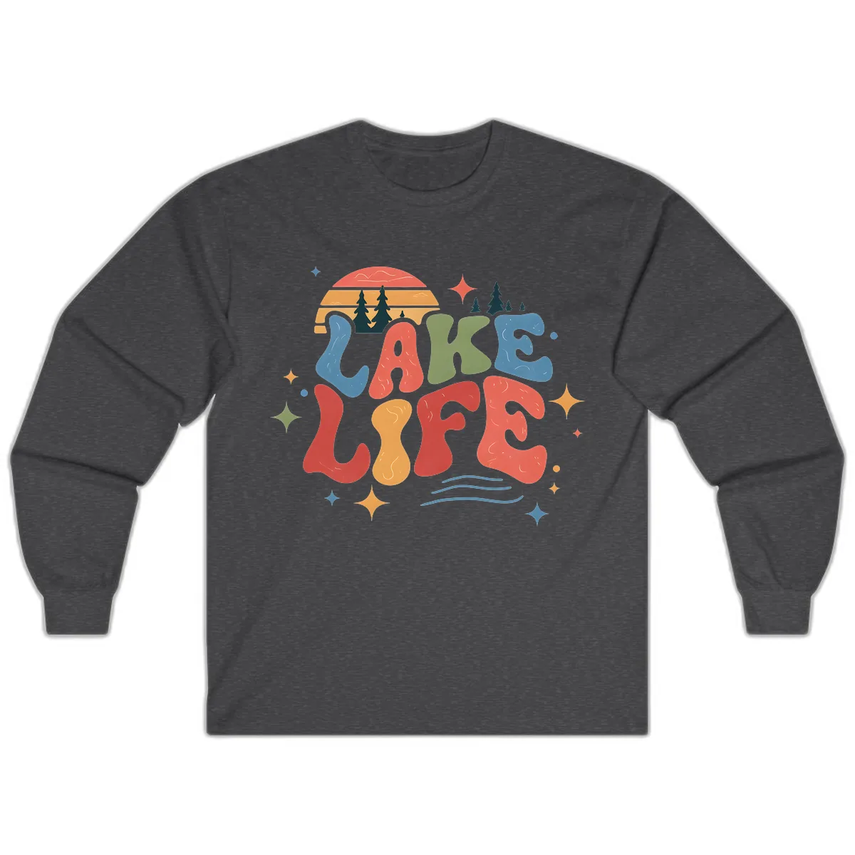 Retro Lake Life Typography Design Long Sleeve in Dark Heather